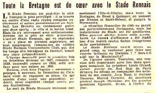 Le Miroir Des sports lundi 2 juin 1958....Article accompagnant photo d'équipe .