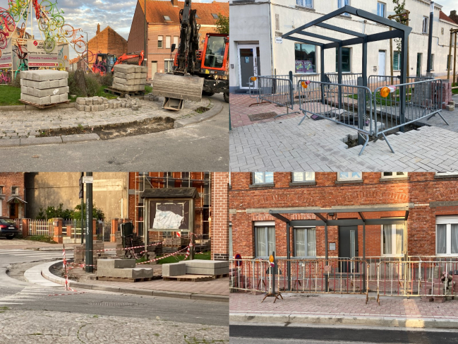 Deux abris de bus, le trottoir et le rond-point, le centre de Ploegsteert se modifie.