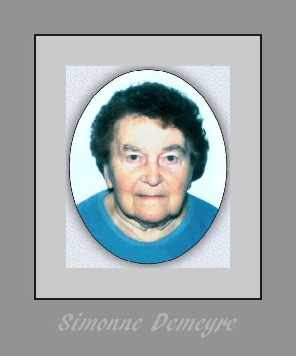 Simonne Demeyre, veuve de  Valeer Soenen (†1986),née à Kemmel le 25 mai 1927 est décédée à Warneton, hier vendredi 20 novembre