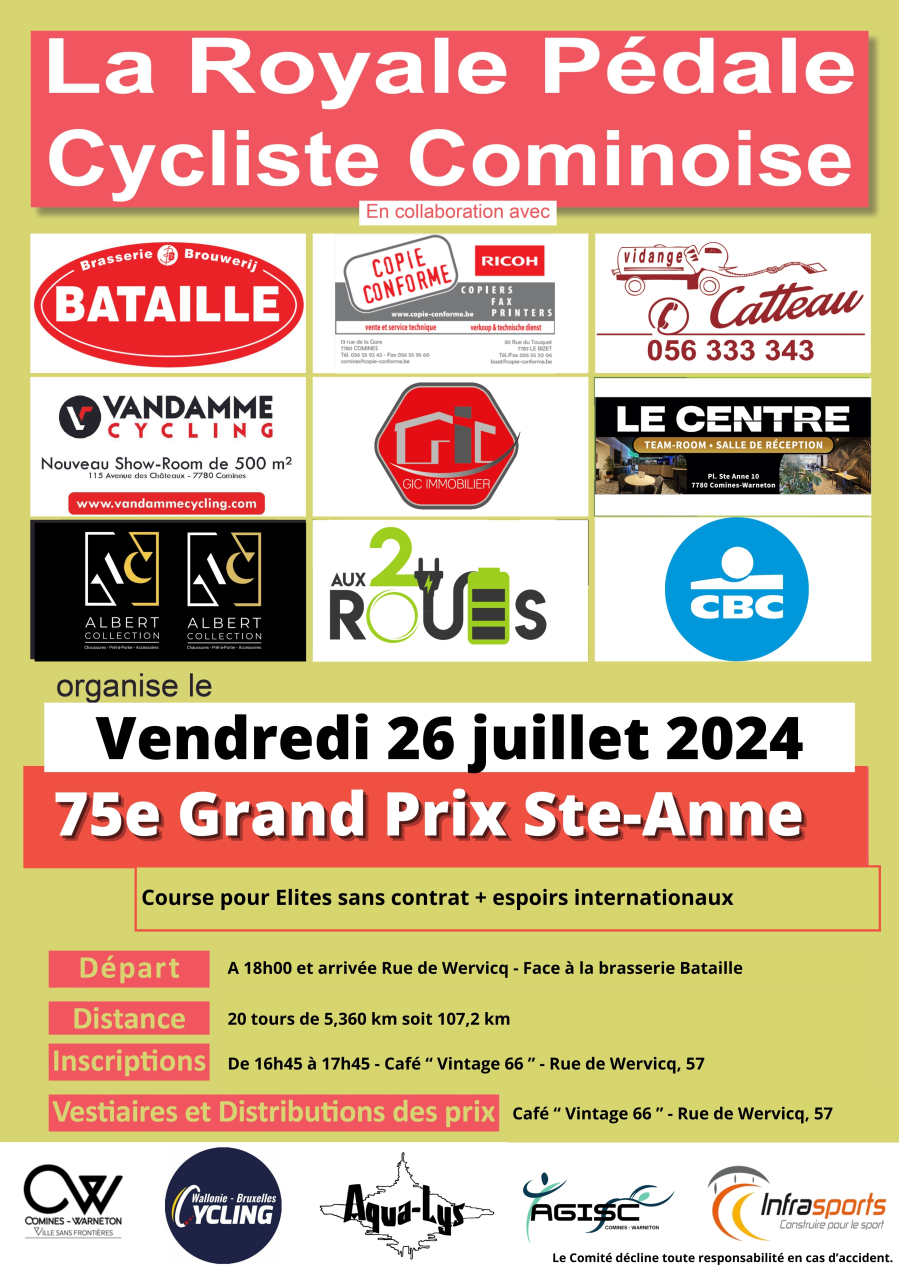 Ce vendredi 26 juillet à Comines, le 75ème grand prix cycliste Ste-Anne.