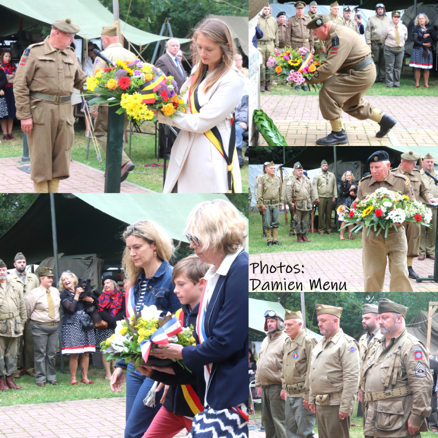 De nombreuses gerbes furent déposées au pied du Mémorial de la Bataille du Canal. Des moments émotionnels avec les hymnes nationaux