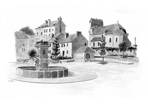 La place et l'église de Fornels Lavis sur papier Arches 300gr.