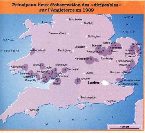 Carte concernant les Airships inconnus ayant survolé l\'Angleterre en 1909.  Ces engins présentaient des performances largement au-dessus des technologies de l\'époque, tout en présentant des formes de dirigeables ou de machines volantes du type de l\'épo