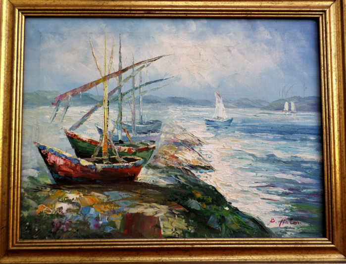 Bateaux au mouillage tableau  signé B Anton -47x37cm