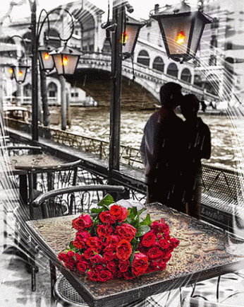 Red roses and kissing couple near river.gif