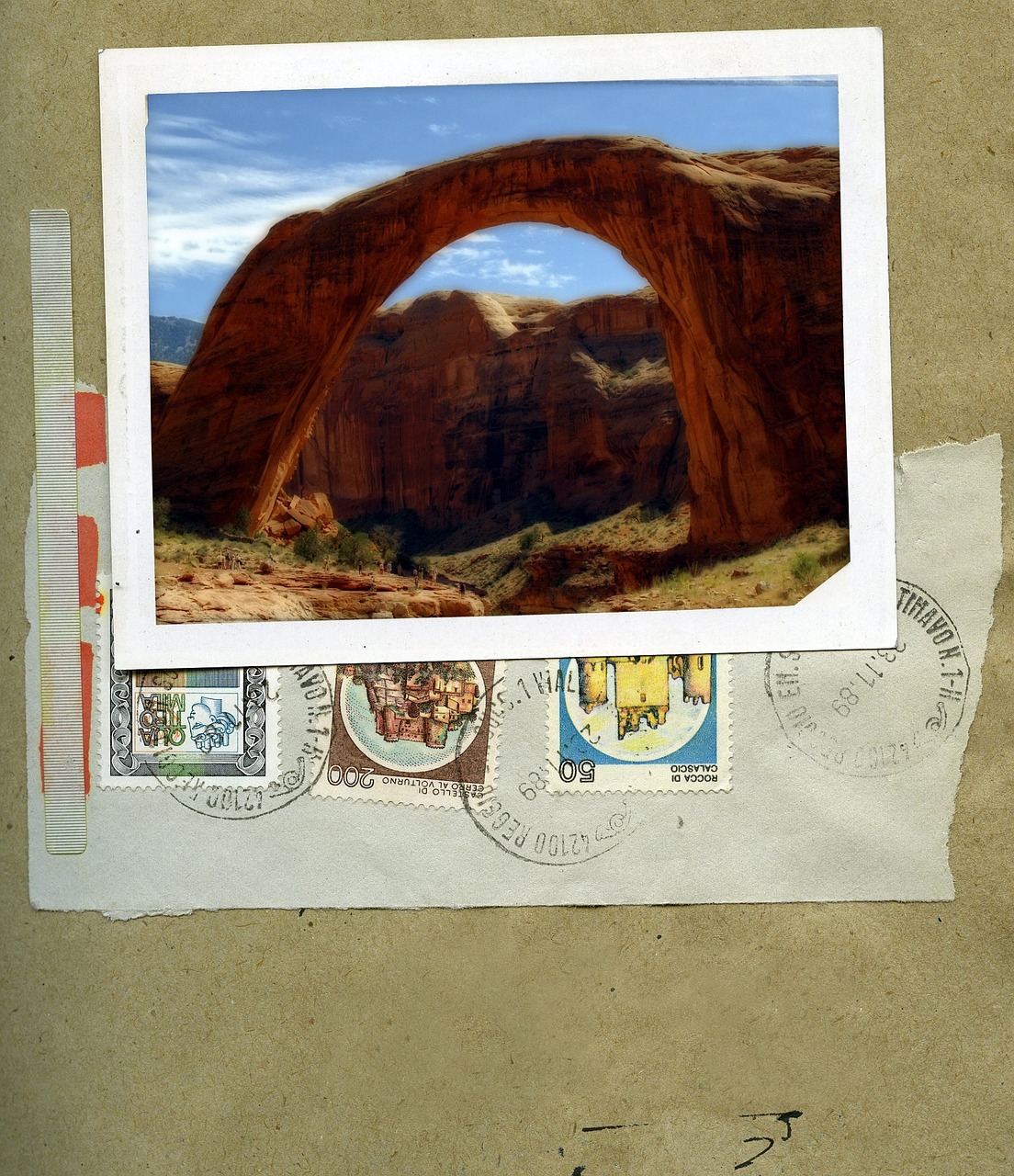 Pont Arc-en-Ciel - Carte postale avec ses timbres affranchis