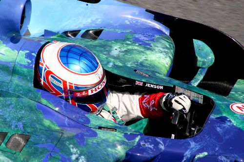 Jenson BUTTON team Honda, décoration avec la Terre sur la voiture...