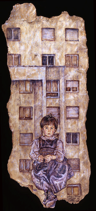 La petite fille à l'immeuble -Peinture à l'huile Technique mixte - 20 cm x 50 cm (collection particulière)