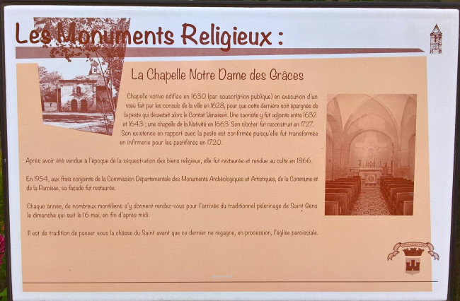 Panneau explicatif de la chapelle Notre Dame Des Grâces à Monteux
