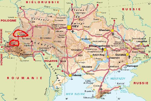 Carte Ukraine avec L'viv et Drohobyc ( en rouge) 