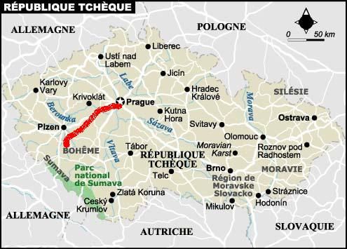 Carte Republique Tcheque, Prague et la région Bohéma où se passait le training . 