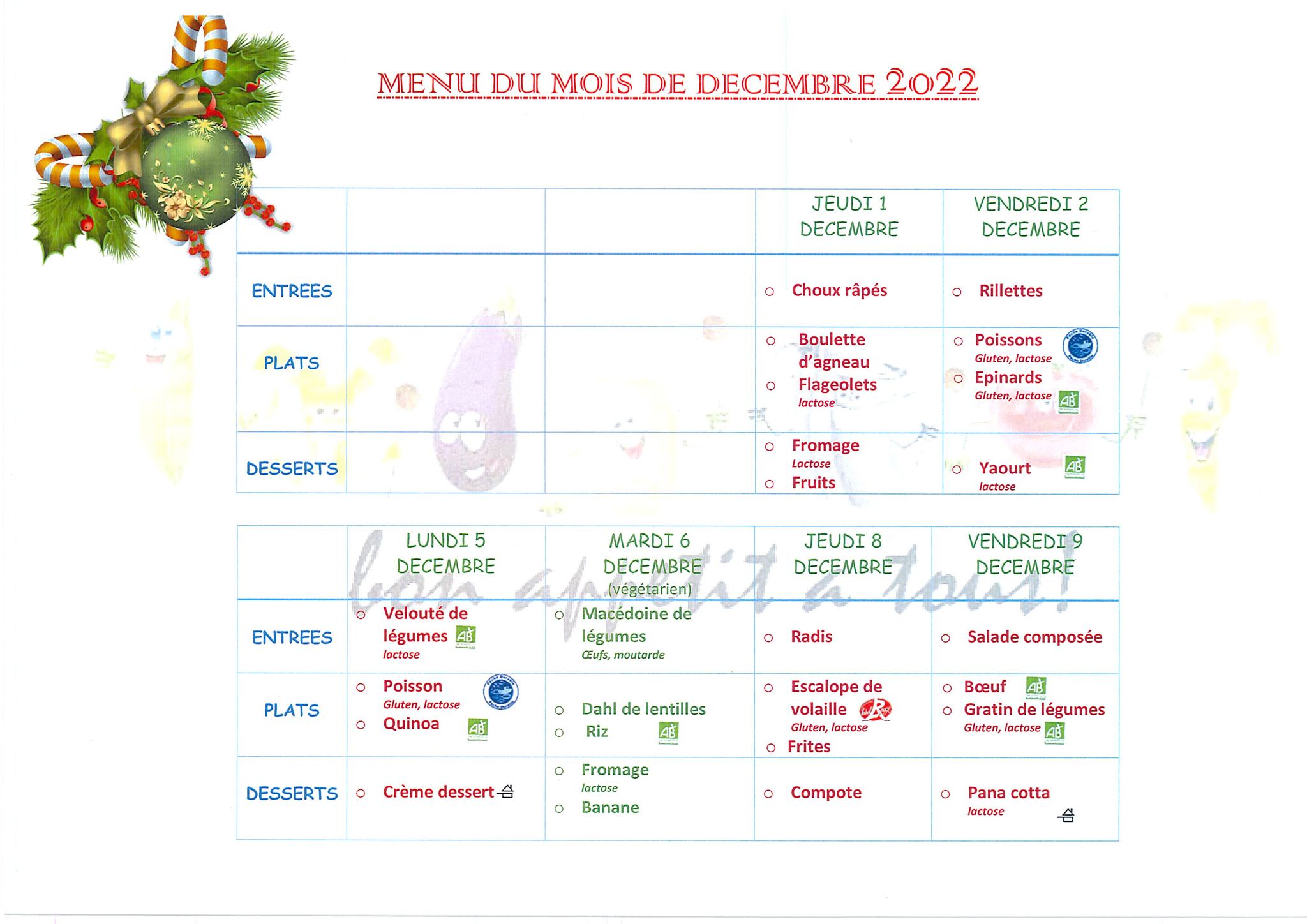 Restaurant scolaire 01 au 09 décembre