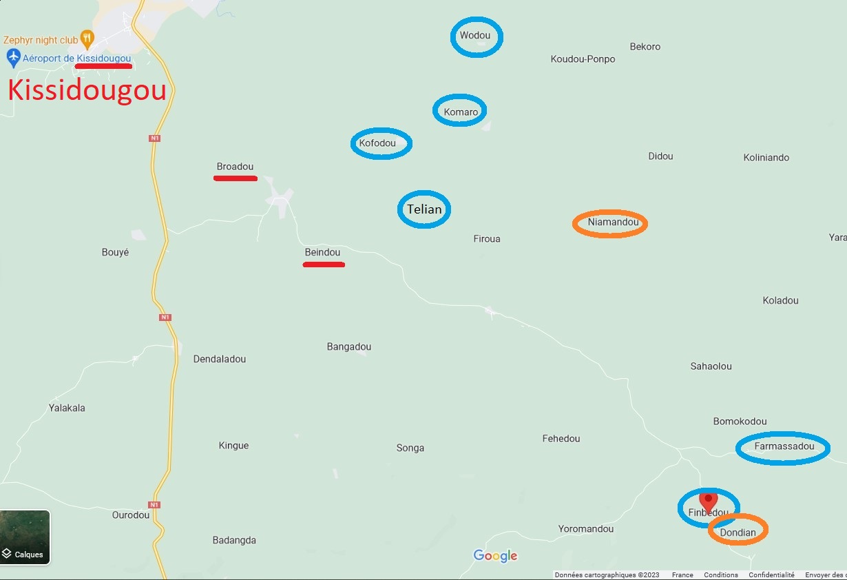 Les 6 villages et Kissidougou légendé + Kissidougou