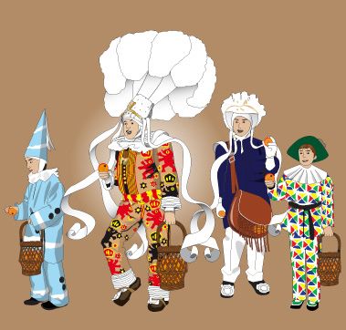 Pierrot,gille,paysan et arlequin. (personnages de notre carnaval)