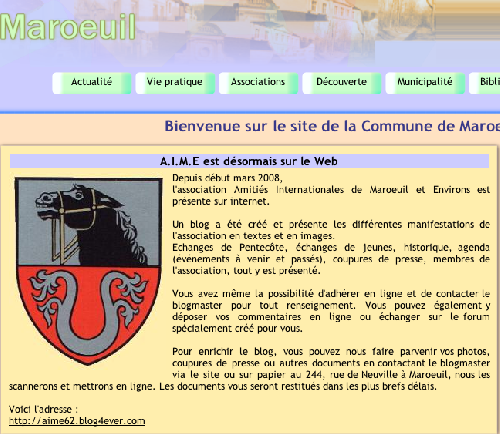 Annonce du blog de l'association sur le site Internet de la mairie