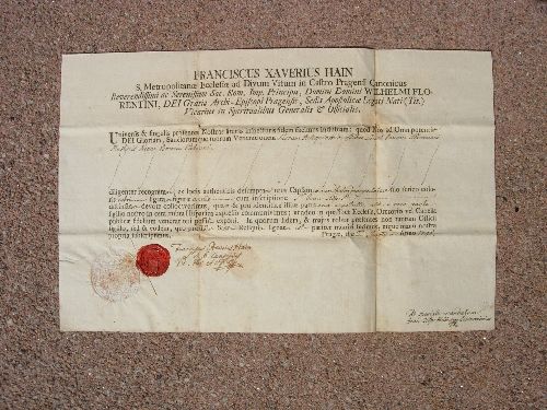 Certificat d'authenticité de reliquaire de saint Jean Népomucène