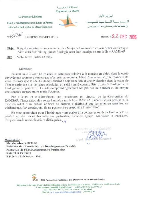 F - 22.12.2006 : Lettre du Haut Commissariat Chargé des Eaux & Forêts