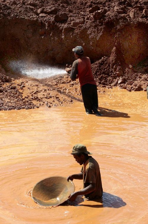 Le principe de recherche de l'or est de transformer la terre en boue qui sera pompée puis regetée dans des glissière à tamis, récolte moyenne par jour ~2kg ! d'or 24 carat.