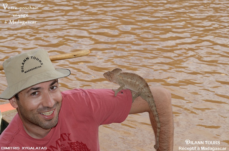 Sur le fleuve de Manambolo , rencontre avec un caméléon qui était sur notre pirogue