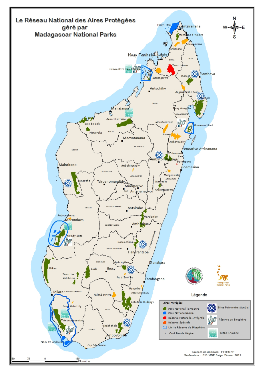 Une carte situant tous les parcs et réserves de la grande île géré par Madagascar national park