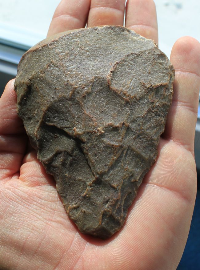 Superbe biface découvert par mon ami Laghou dans les Vosges ,la matière est du quartzite difficile a tailler..