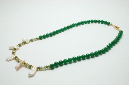 Collier perles de culture, jade et swarovski