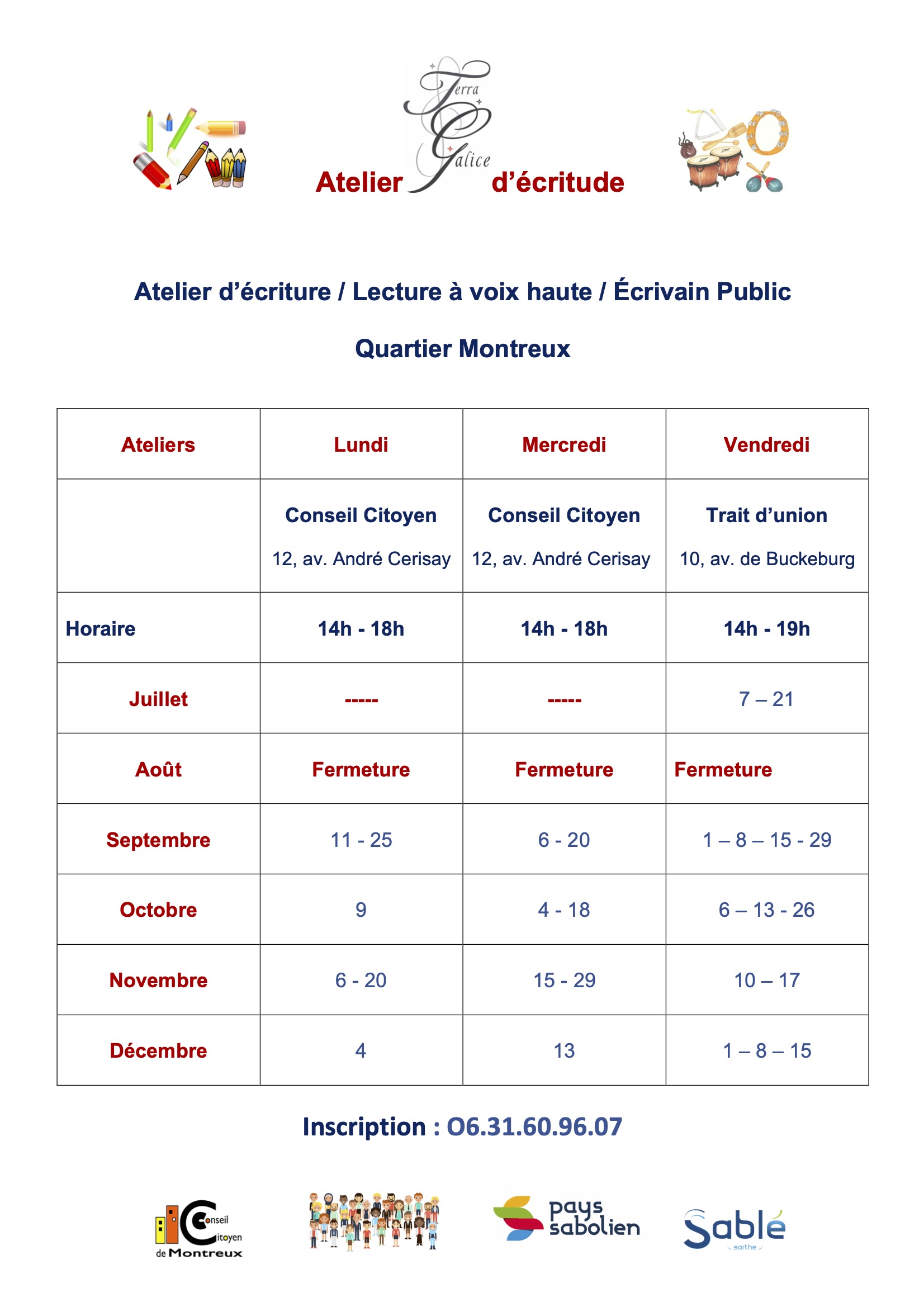 Juillet Calendrier  Ateliers Montreux