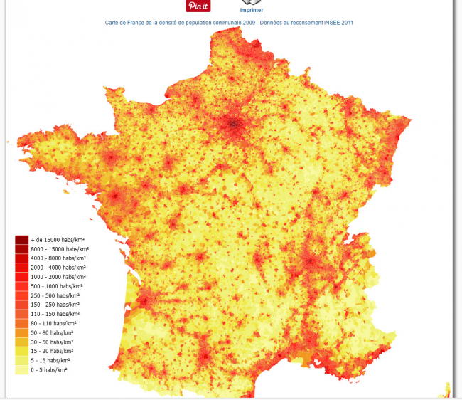 Carte géographique de la densité française