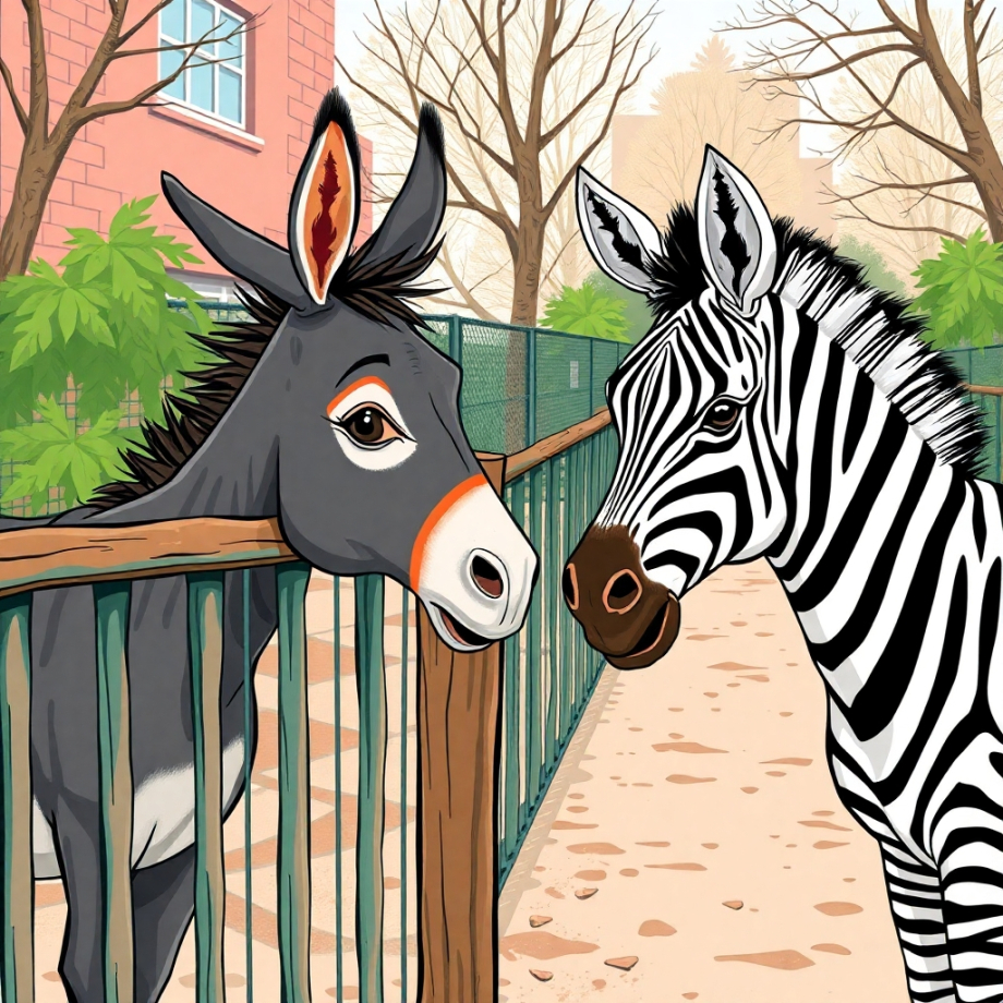 A candid street photography style illustration of a donkey and zebra chatting on either side of a zoo fence, vibrant colors