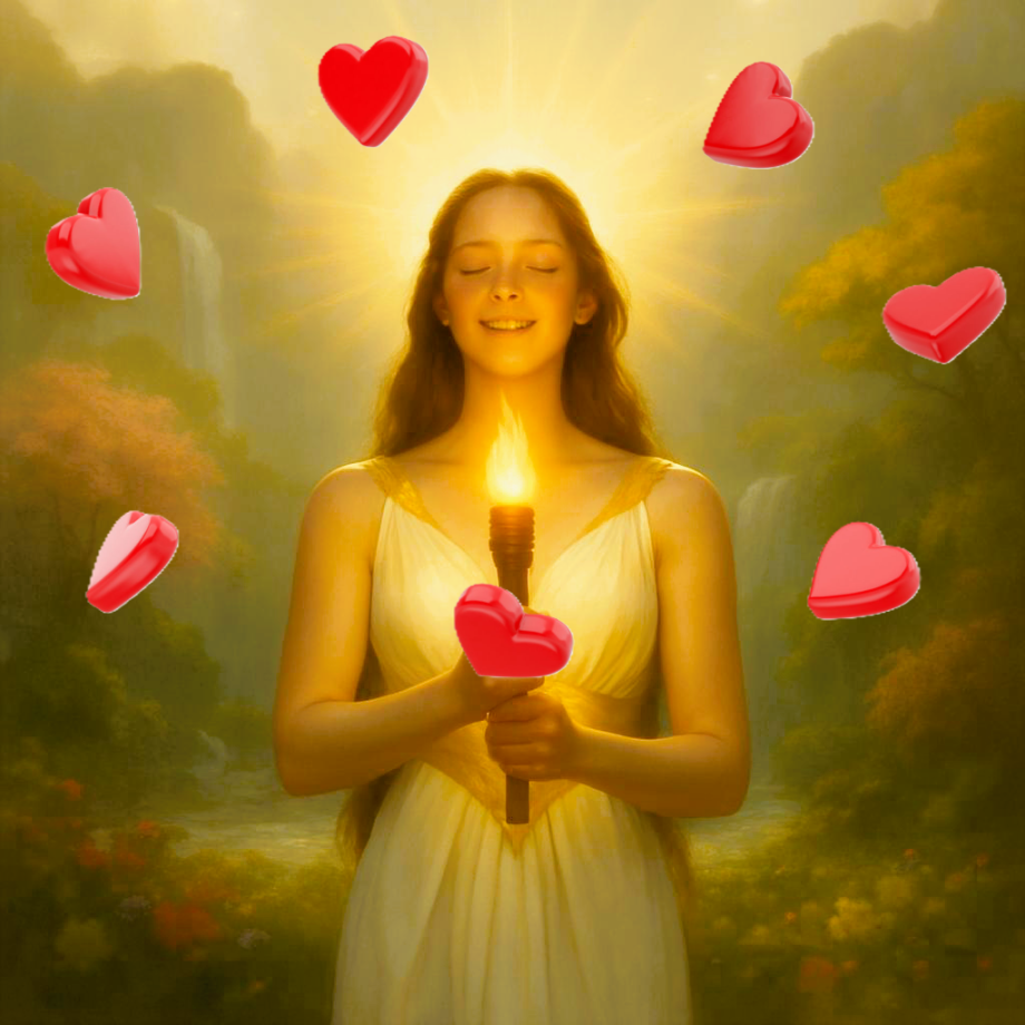 Femme qui tient un flambeau et coeurs