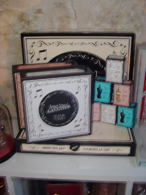 NOEL 2008 - coffret BOITE A MUSIQUE FLEUR DU MALE  sur son présentoir et avec mes miniatures boîtes à musique