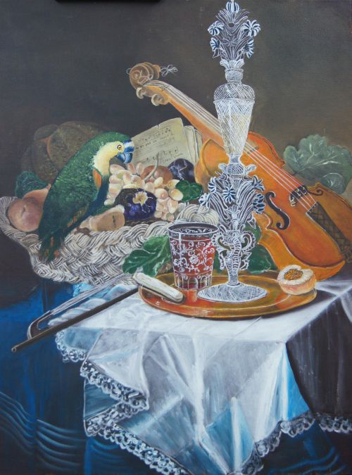 cristal et violons sur fond de nappe satin (reproduction)