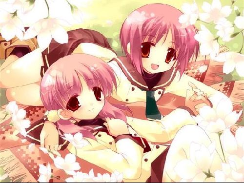 soeurs jumelles  sous un cerisier