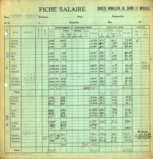 fiche de salaire de 1936 à 1939 recto