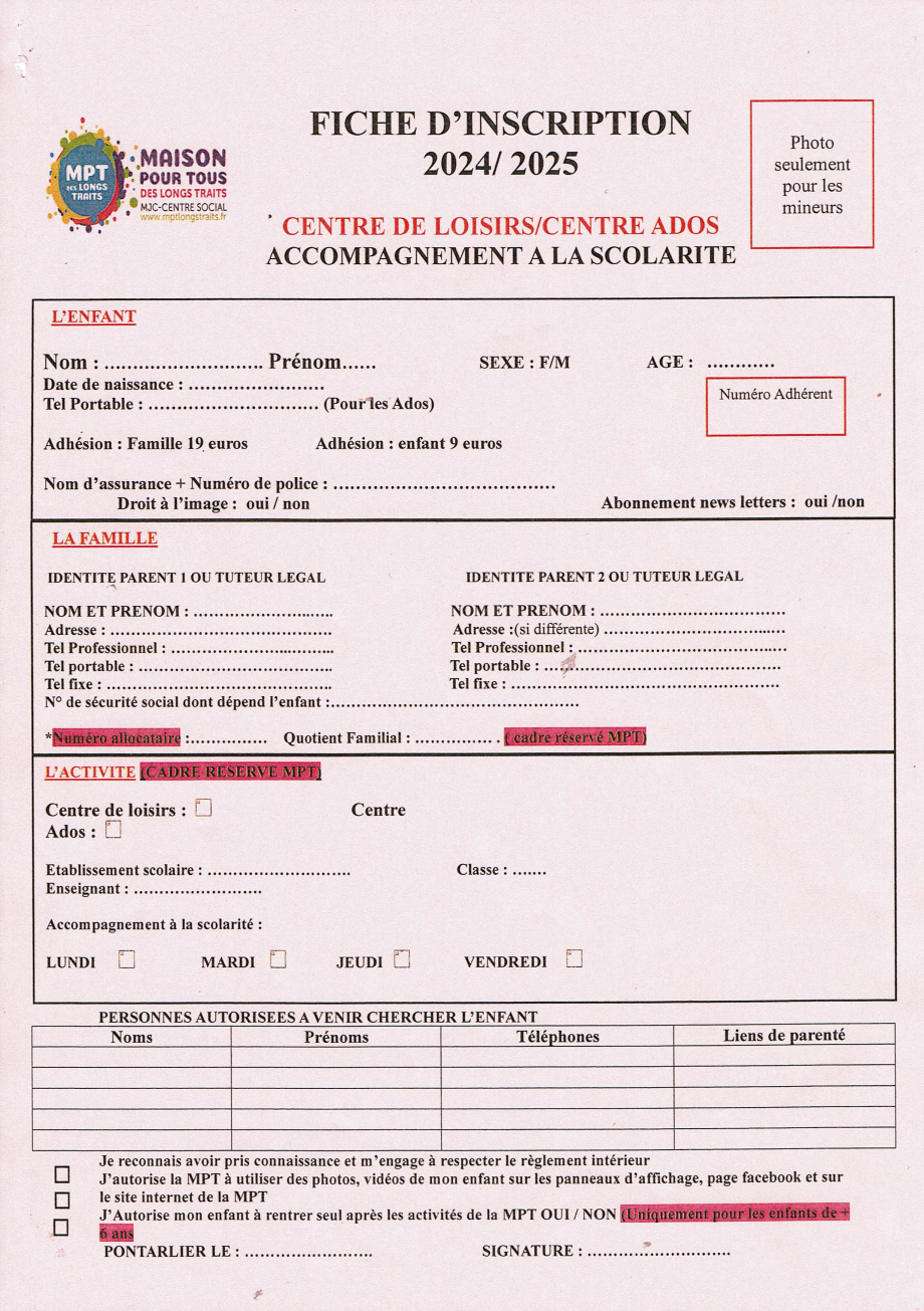 Fiche d'inscription pour le centre ALSH et le centre ados