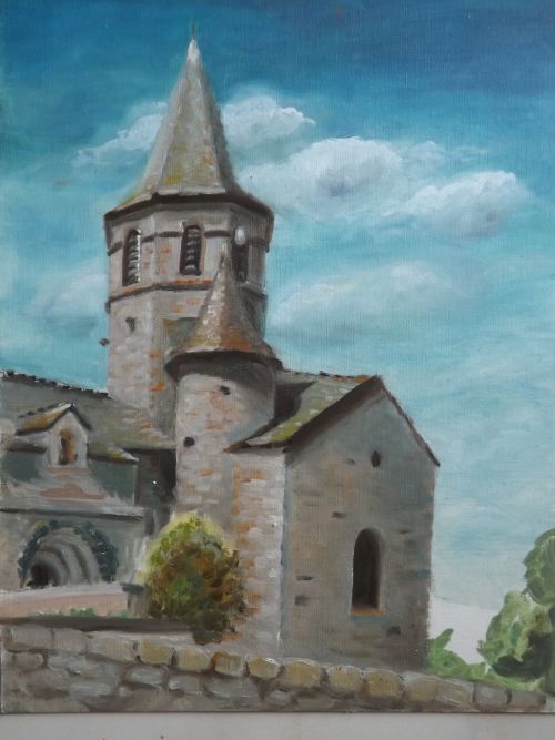 823 - L'église de Nasbinals (Corrèze) - Huile sur toile 26 x 32 cm