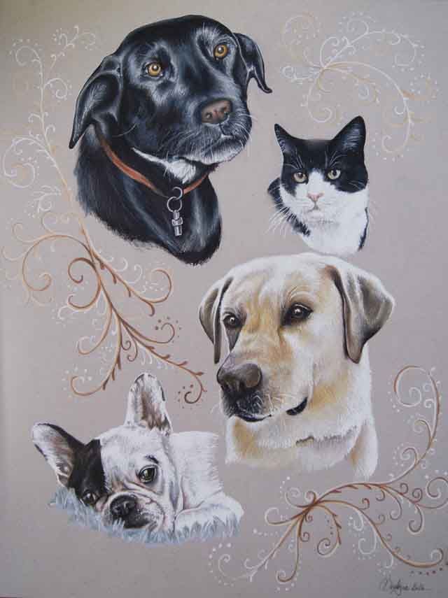 Chiens et Chats dessin au Prismacolor et Promarker