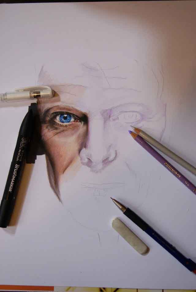 David Bowie dessin au Prismacolor et Promarker (en cours...)