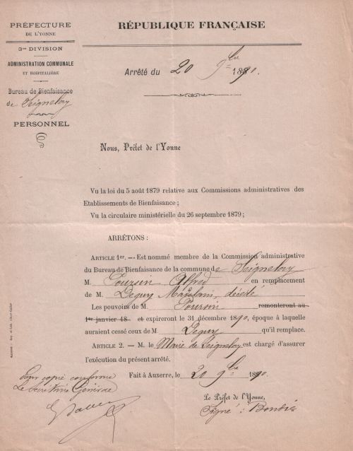 Bureau de Bienfaisance, pouvoirs donnés par la préfecture, 20 septembre 1890