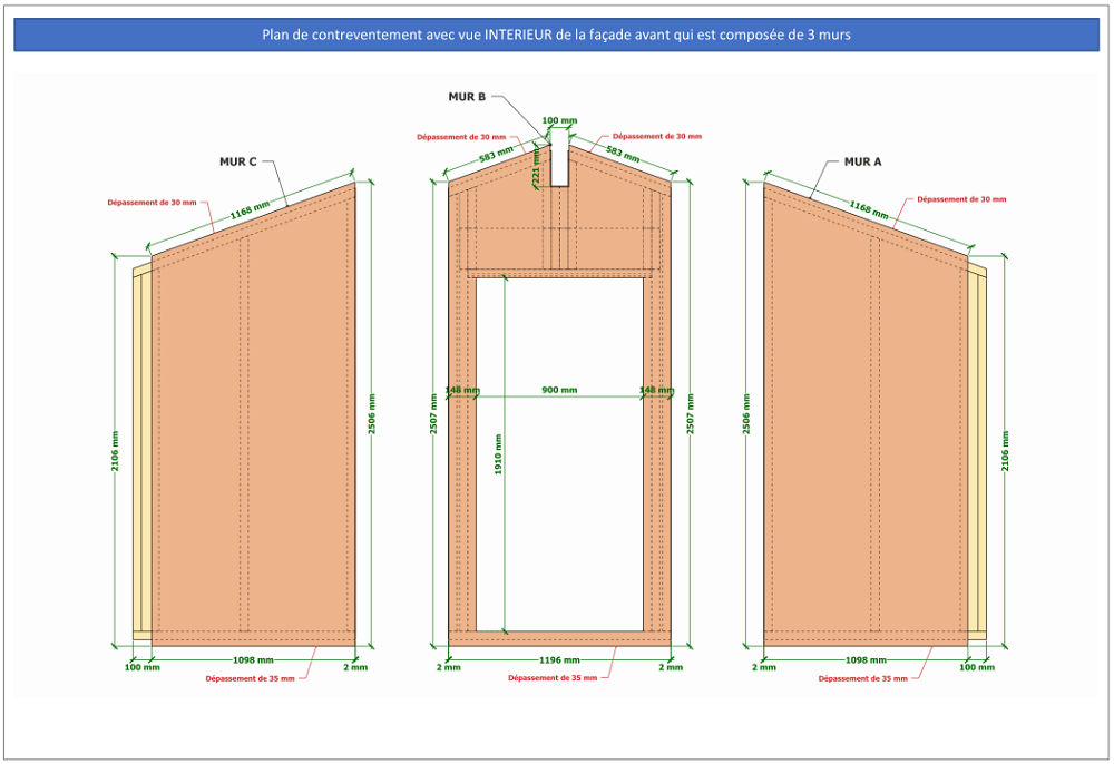 Plan de fabrication contreventement murs ossature bois abri de jardin 15 m2