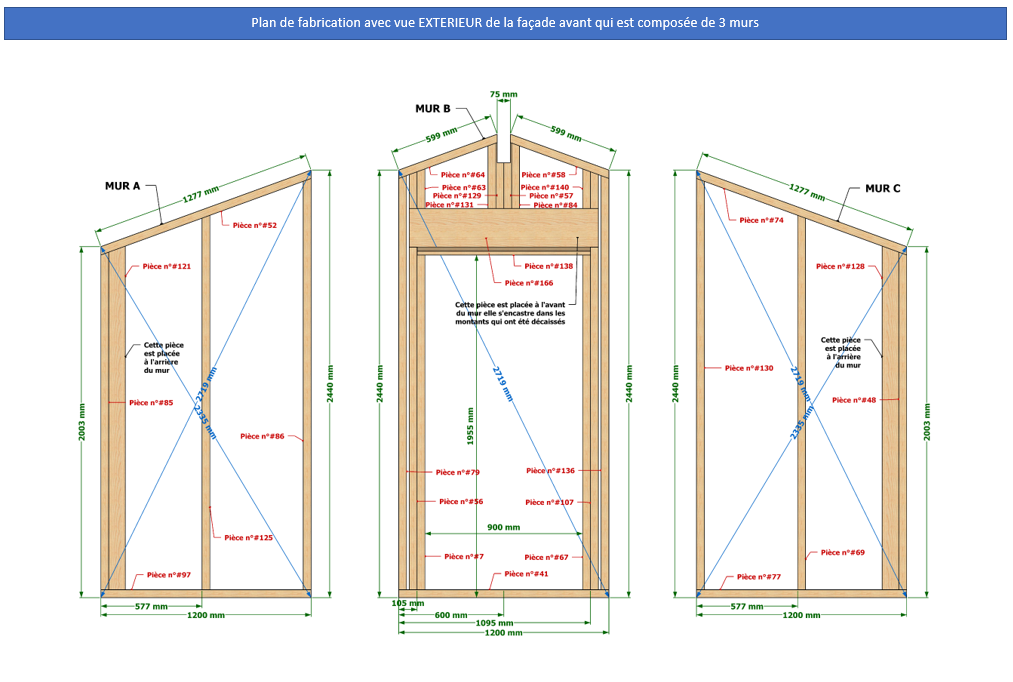 Plan de fabrication murs ossature bois abri de jardin 15 m2