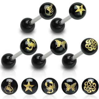 Piercing langue boule noire motif incrusté au laser acier chirurgical 316L