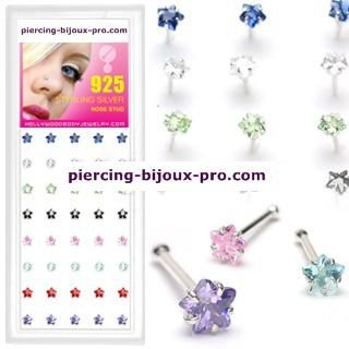 Piercing nez tige droite (diam. 1mm) sterling silver 925,pierre sertie étoile