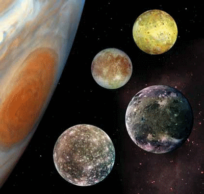Les lunes de Jupiter : Callisto, Europe, Io, Ganymède