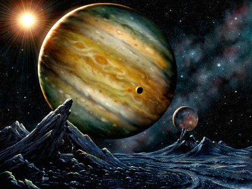 Jupiter, vue d'artiste (scène possible vue d'une des lunes)