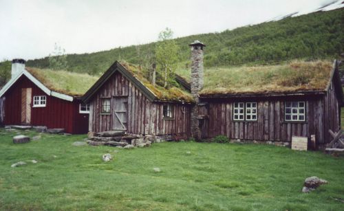 Ferme de Herdal ; toits isolants avec écorces de bouleaux et terre où pousse la végétation