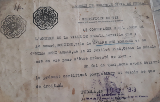 certificat de vie délivré le 10 AOUT 1948