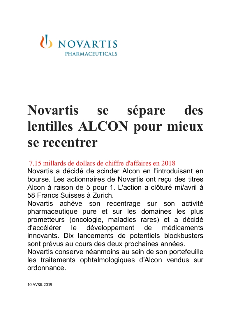 Novartis se sépare des lentilles ALCON pour mieux se recentrer 10042019.jpg