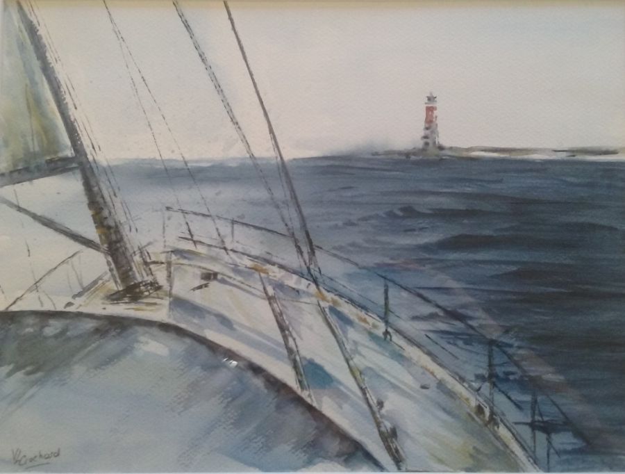 le phare vu du voilier - aquarelle