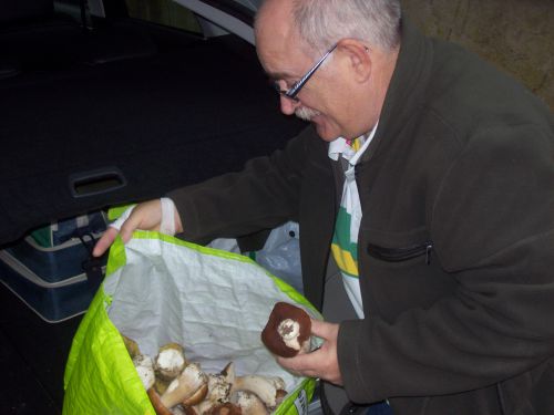 MARCELLIN AVEC UN BEAU SAC DE CEPES MALGRE LA TEMPERATURE ET IL A ETE COURAGEUX AVEC CATHERINE